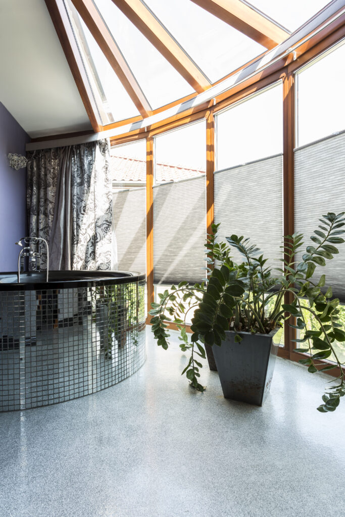 Sophisticated silver bathroom withbow window replacement houston tx